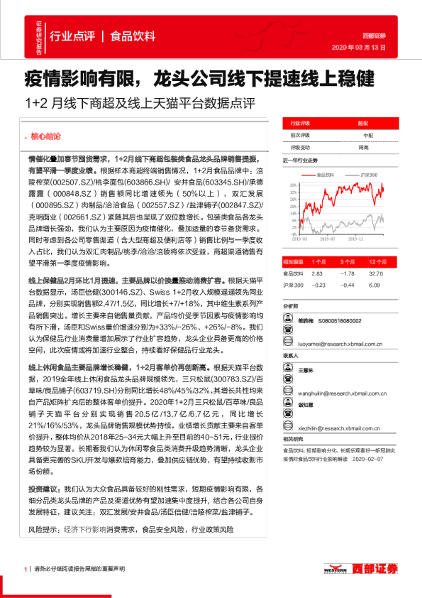 食品饮料行业1+2月线下商超及线上天猫平台数据点评：疫情影响有限，龙头公司线下提速线上稳健