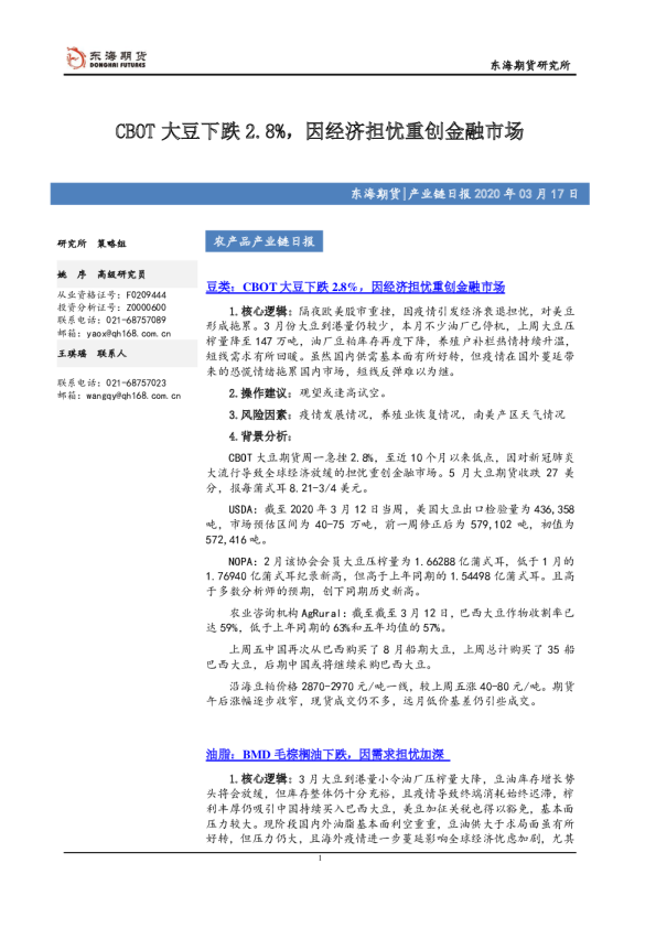 CBOT大豆下跌2.8%，因经济担忧重创金融市场