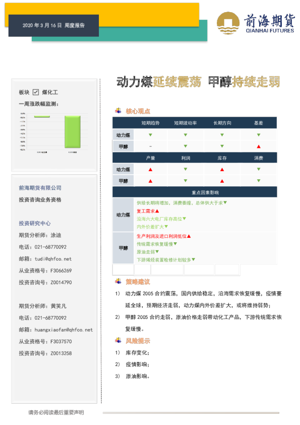 动力煤延续震荡，甲醇持续走弱