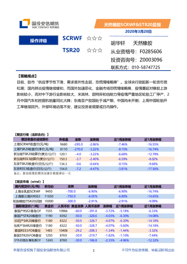国投安信期货天然橡胶SCRWF&STR20晨报