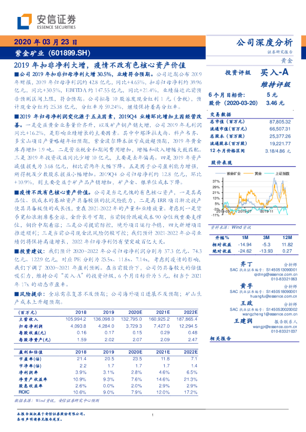 2019年扣非净利大增，疫情不改有色核心资产价值