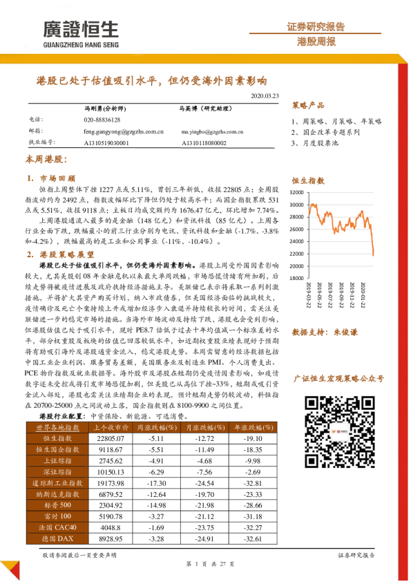 港股周报：港股已处于估值吸引水平，但仍受海外因素影响