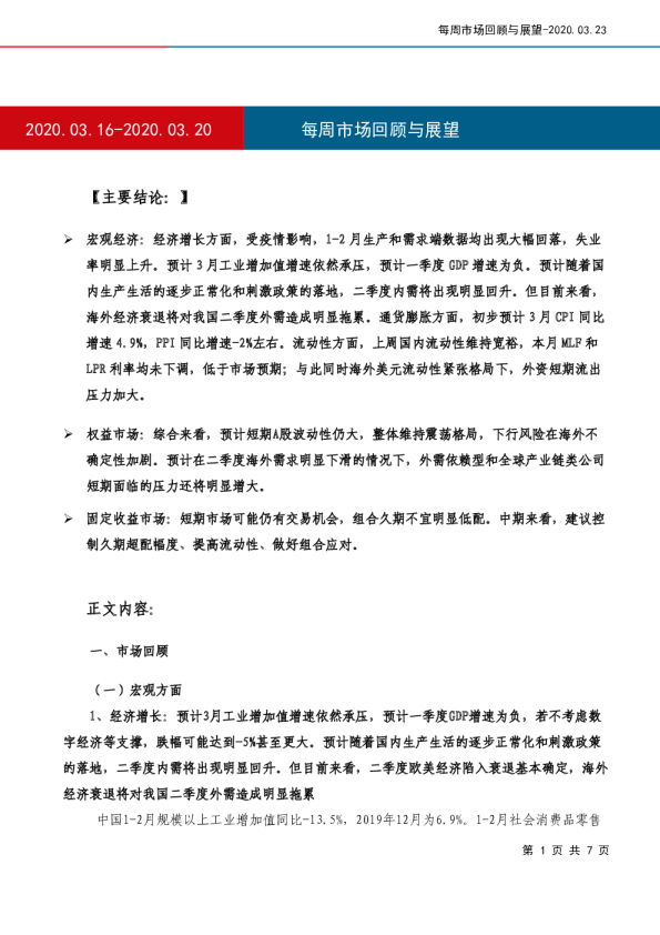 每周市场回顾与展望2020.03.16~2020.03.20