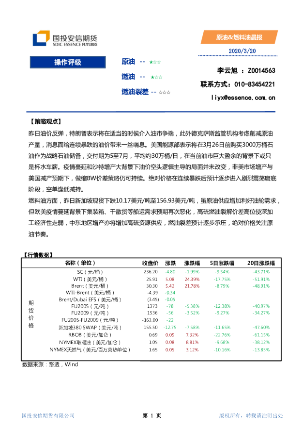 国投安信期货原油、料油晨报
