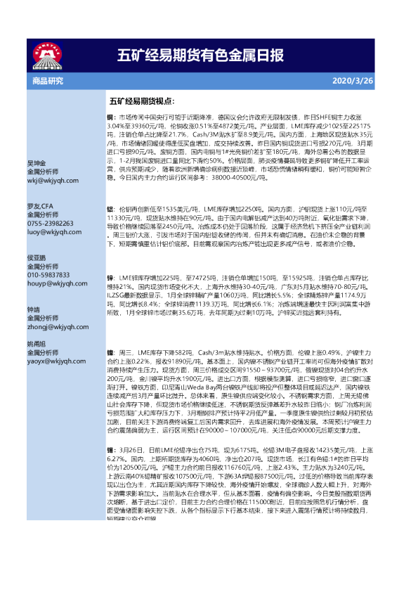 五矿经易期货有色金属日报