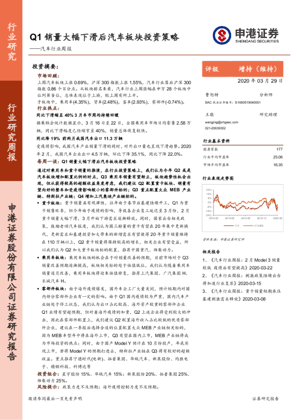汽车行业周报：Q1销量大幅下滑后汽车板块投资策略