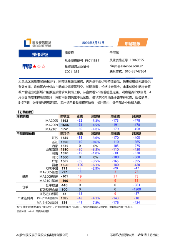 国投安信期货甲醇晨报