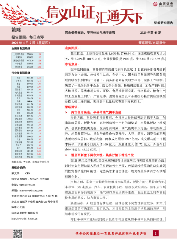 两市低开高走，半导体油气携手走强