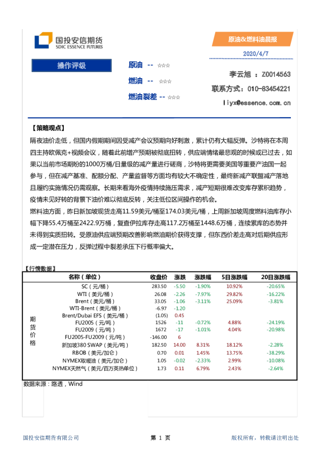 国投安信期货原油、燃料油晨报