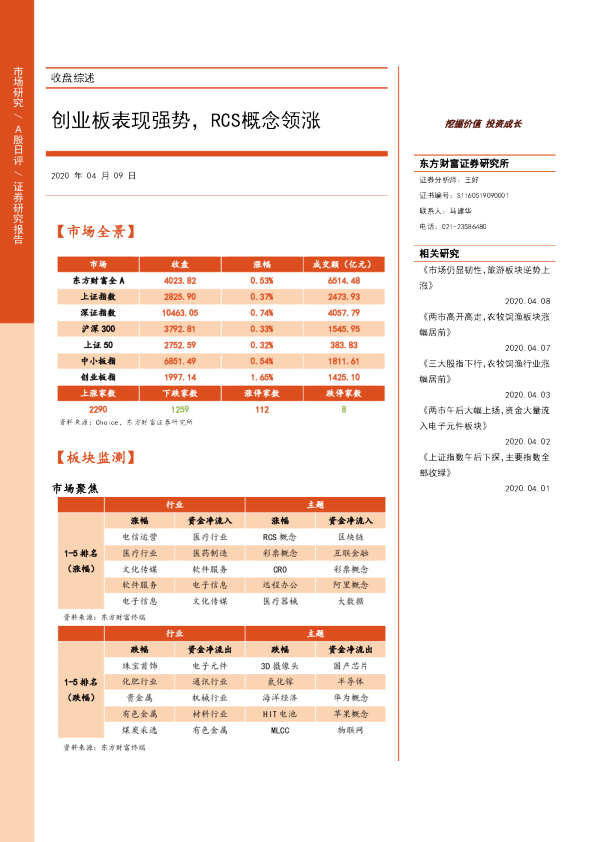 创业板表现强势，RCS概念领涨