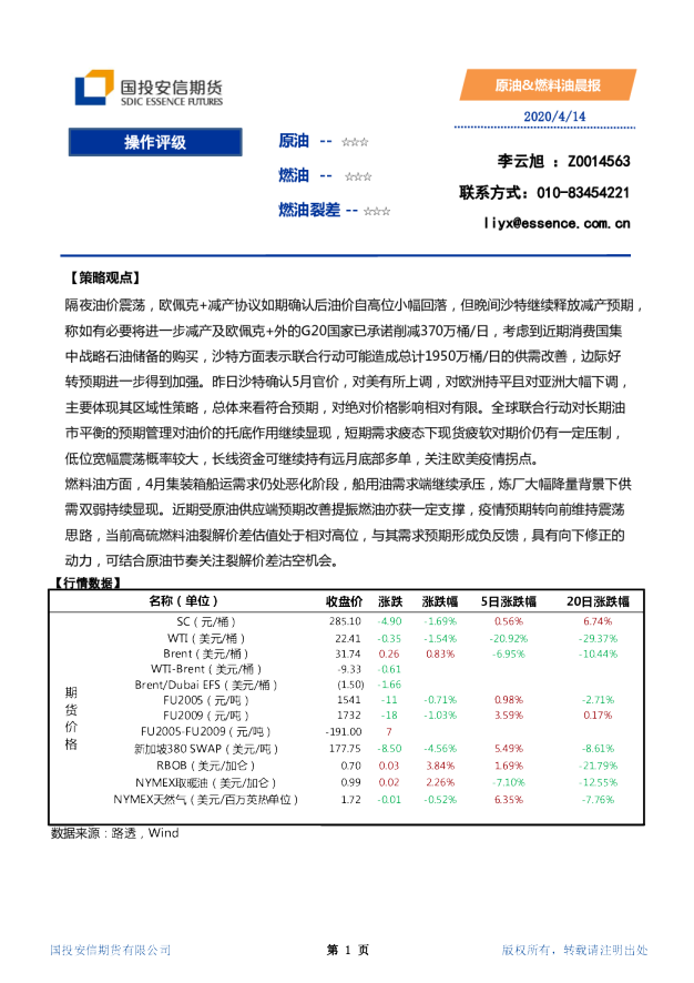 国投安信期货原油、燃料油晨报
