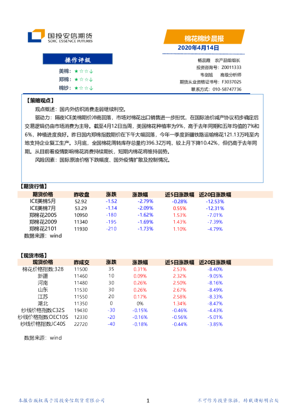 国投安信期货棉花棉纱晨报