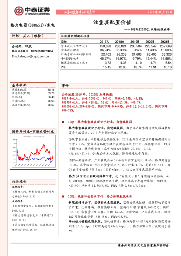 2019A、2020Q1业绩快报点评：注重其配置价值