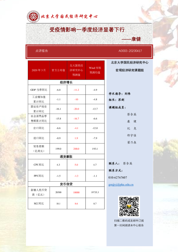 点评报告：受疫情影响一季度经济显著下行