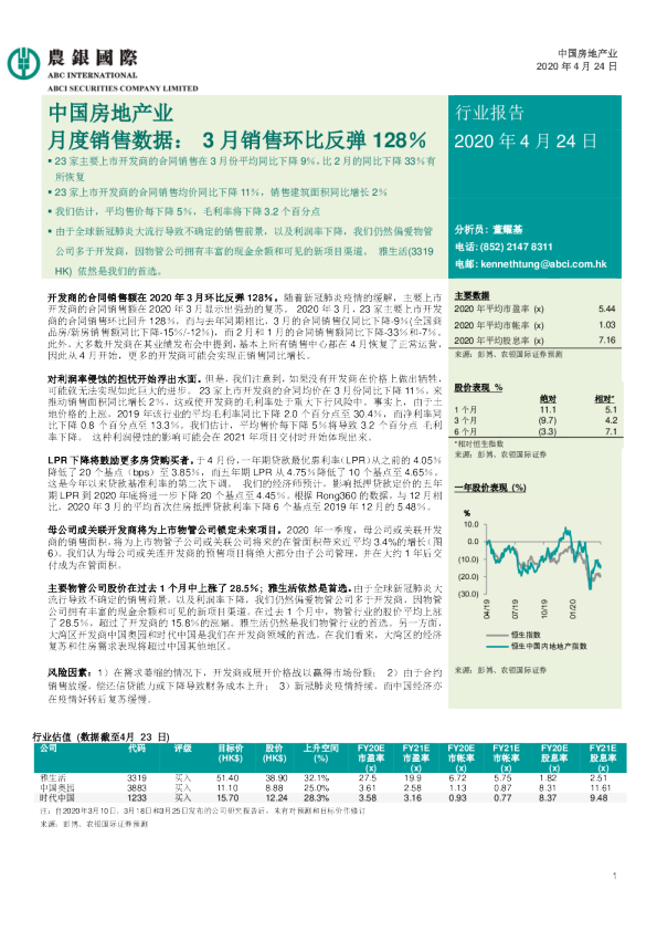 中国房地产业：月度销售数据：3月销售环比反弹 128％