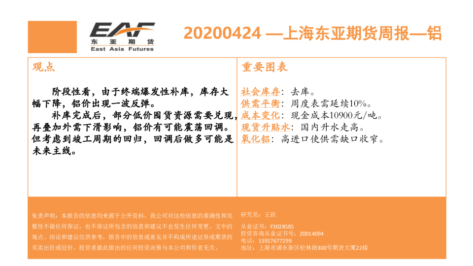 上海东亚期货周报：铝
