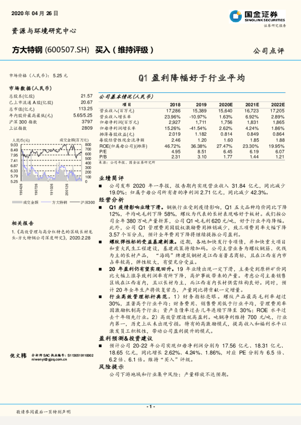 Q1盈利降幅好于行业平均