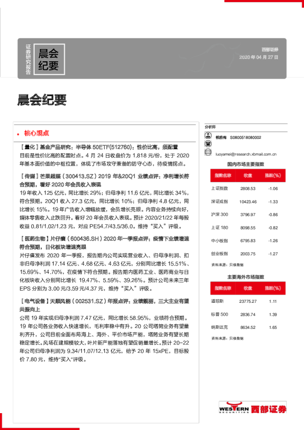 西部证券晨会纪要