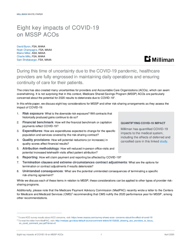 新冠肺炎对MSSP ACO的八个关键影响