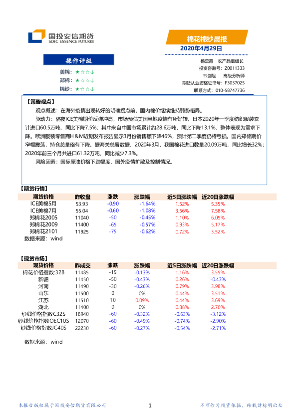 安信期货棉花棉纱晨报