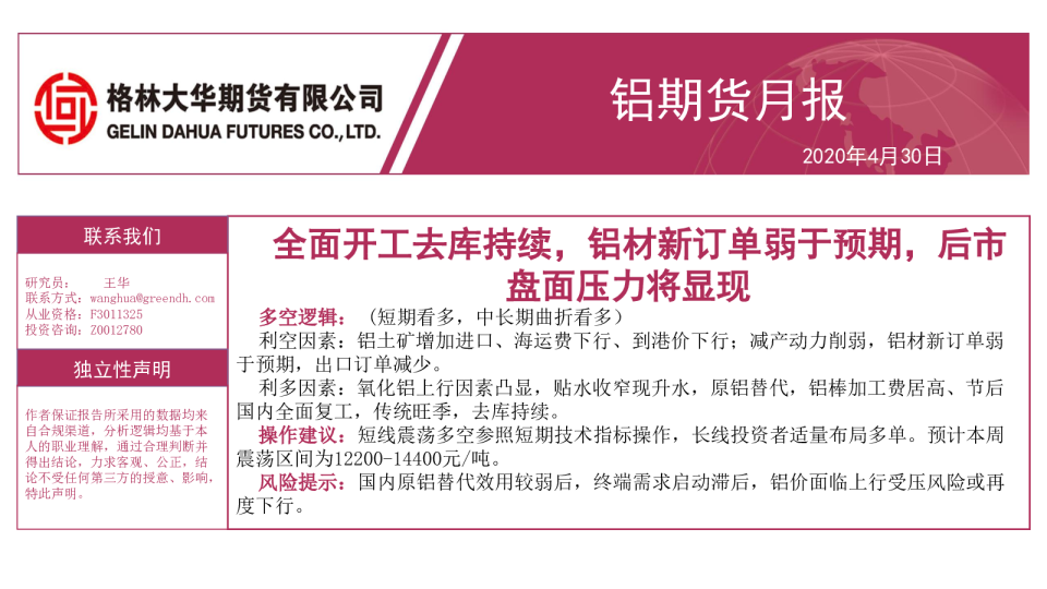 铝期货月报：全面开工去库持续，铝材新订单弱于预期，后市盘面压力将显现