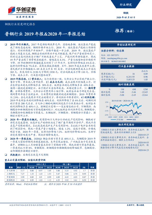 普钢行业2019年报、2020年一季报总结
