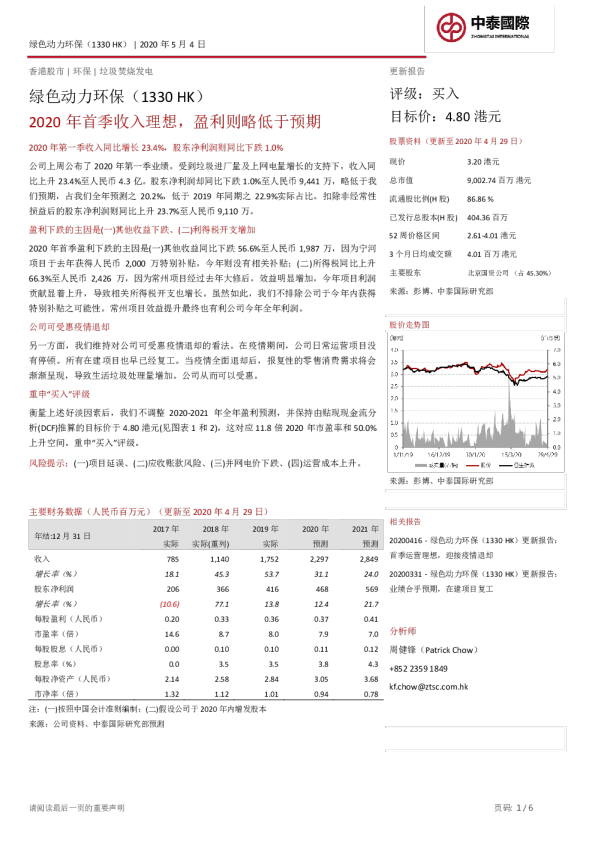2020年首季收入理想，盈利则略低于预期