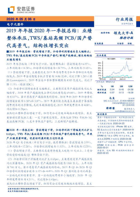 2019年年报2020年一季报总结：业绩整体承压，TWS/基站高频PCB/国产替代高景气，结构性增长突出