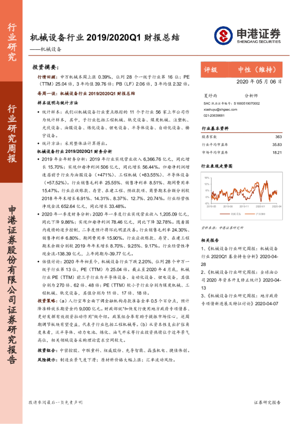 机械设备行业研究周报：机械设备行业2019/2020Q1财报总结