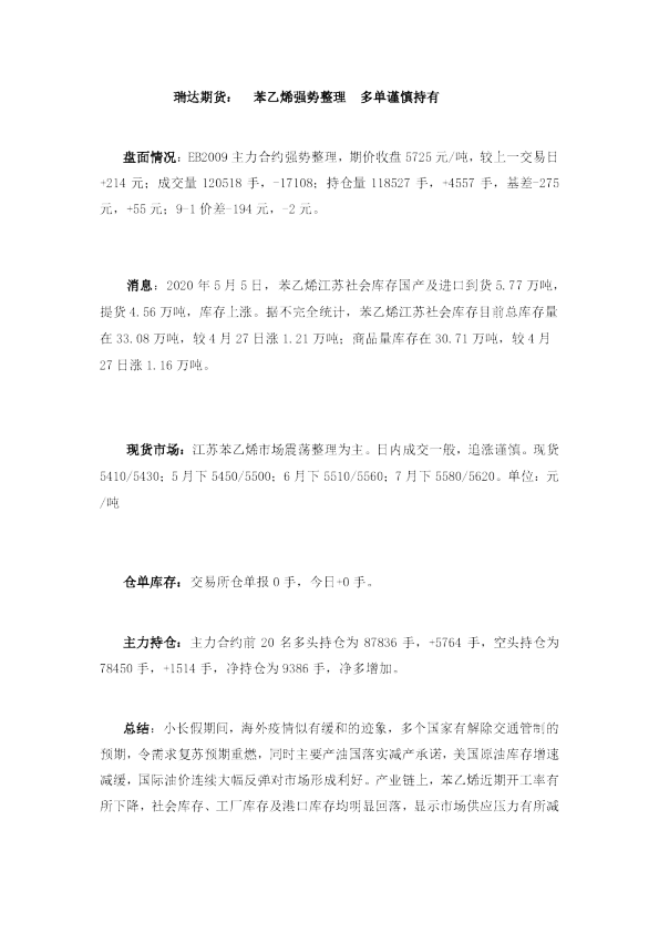 苯乙烯强势整理 多单谨慎持有
