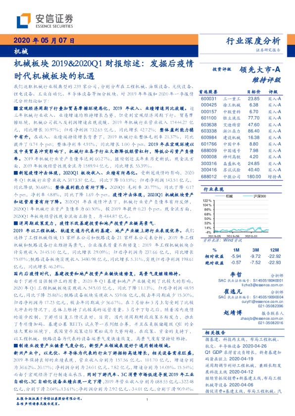 机械板块2019、2020Q1财报综述：发掘后疫情时代机械板块的机遇