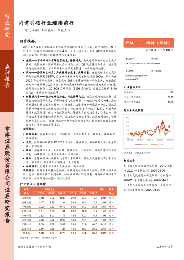 电气设备行业年报及一季报点评：内需引领行业继续前行