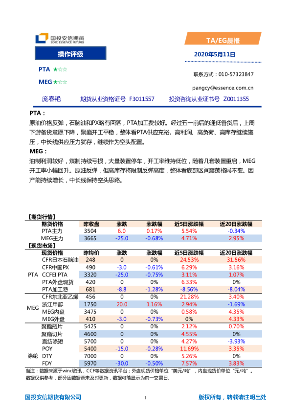国投安信期货TA、EG晨报