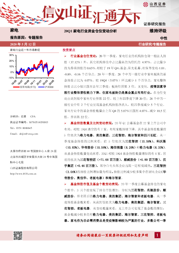 家电专题报告：20Q1家电行业资金仓位变动分析