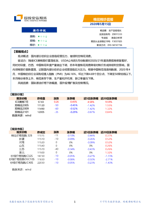 国投安信期货棉花棉纱晨报