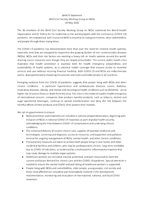 WHA73声明：世界卫生组织非传染性疾病民间社会工作组