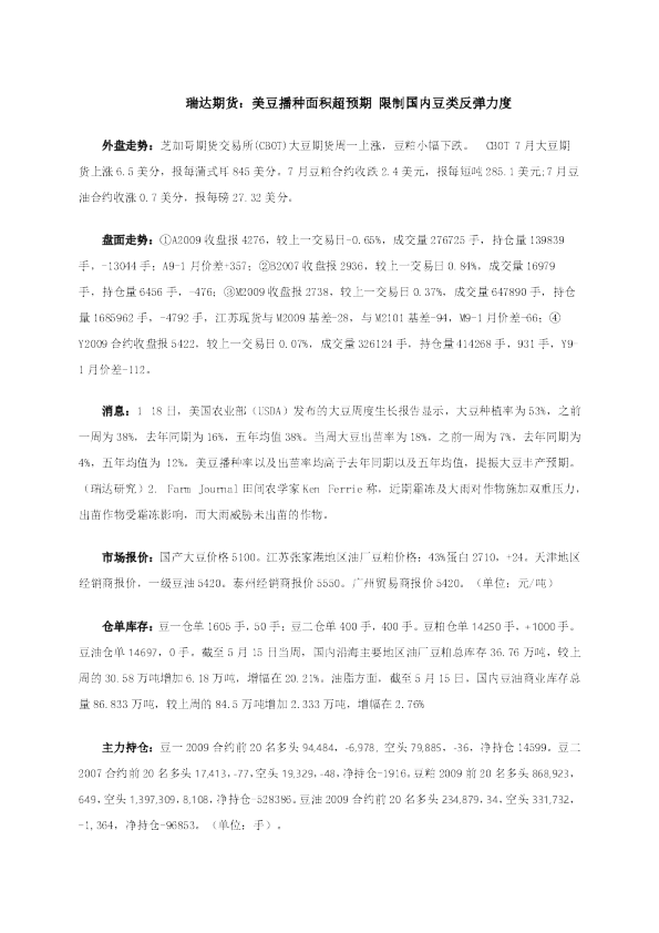 美豆播种面积超预期 限制国内豆类反弹力度