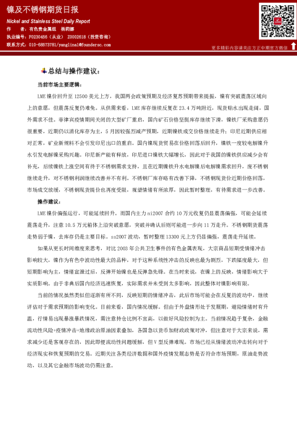 方正中期期货镍及不锈钢期货日报