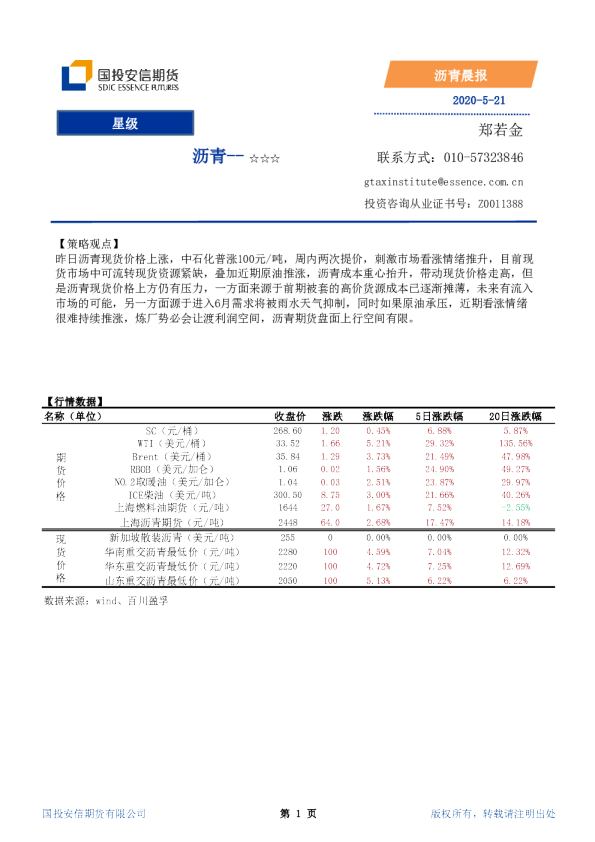 国投安信期货沥青晨报