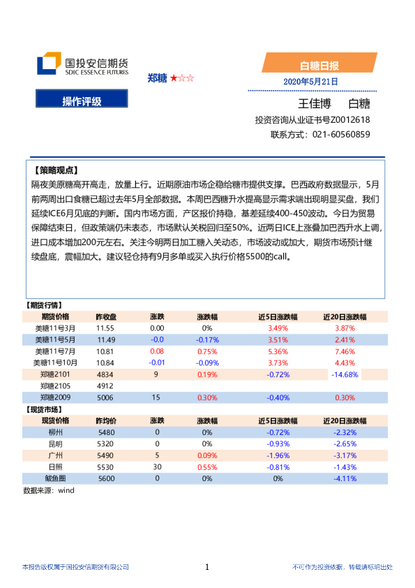 国投安信期货白糖日报