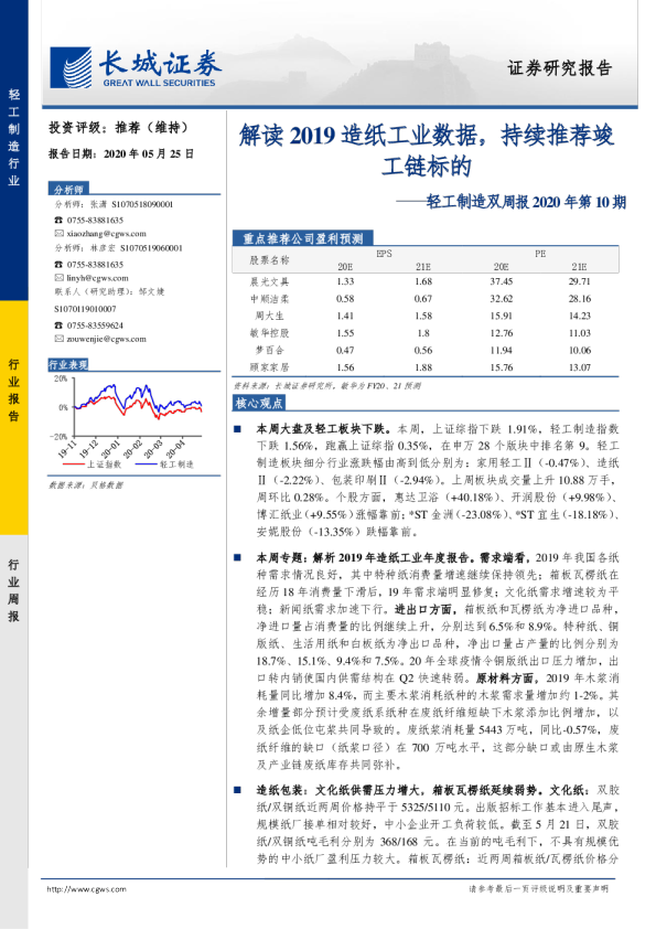 轻工制造双周报2020年第10期：解读2019造纸工业数据，持续推荐竣工链标的