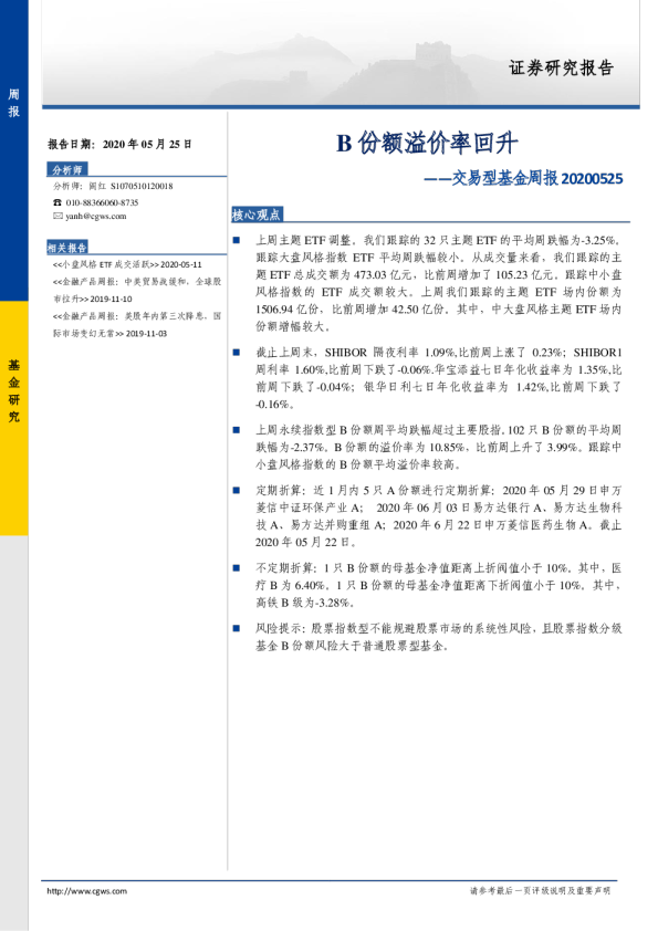 交易型基金周报：B份额溢价率回升