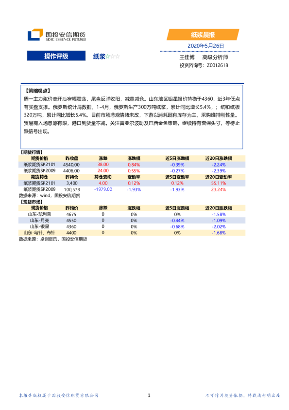 国投安信期货纸浆晨报