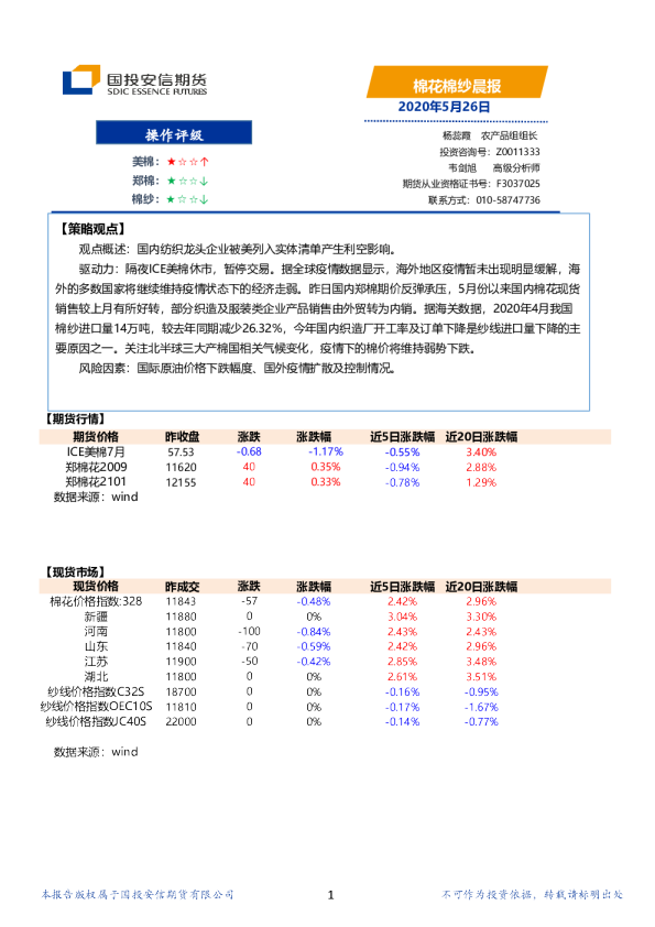 国投安信期货棉花棉纱晨报