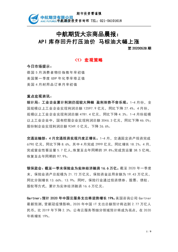 中航期货大宗商品晨报：API库存回升打压油价，马棕油大幅上涨