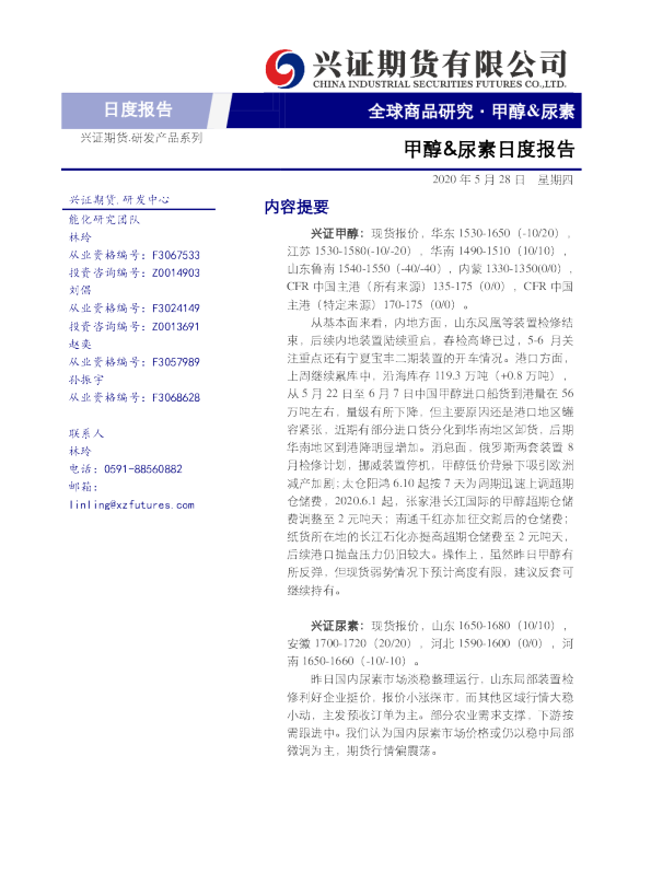 甲醇、尿素日度报告