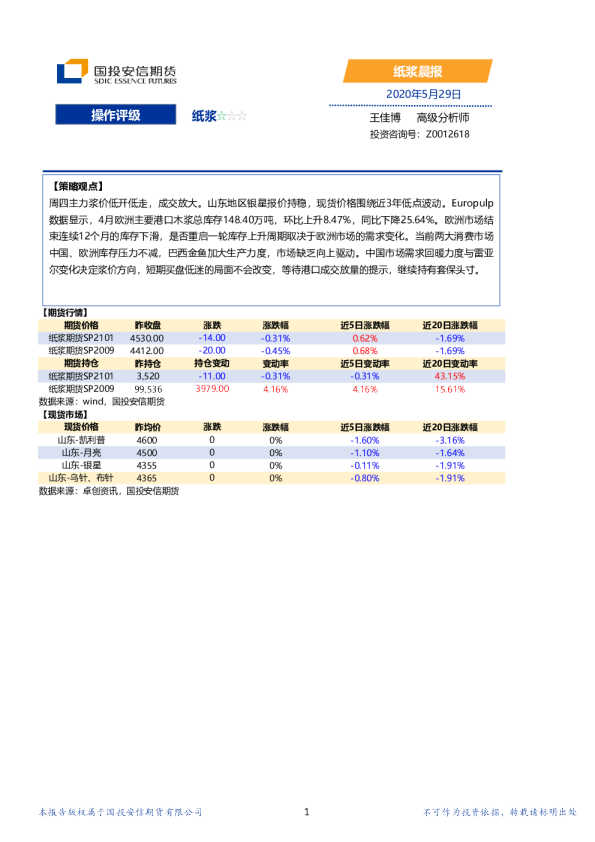 国投安信期货纸浆晨报
