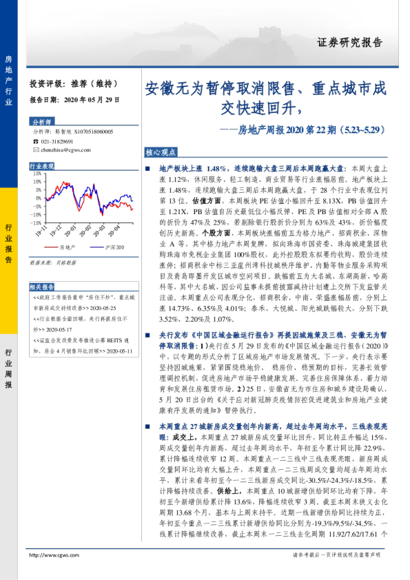 房地产周报2020第22期：安徽无为暂停取消限售、重点城市成交快速回升