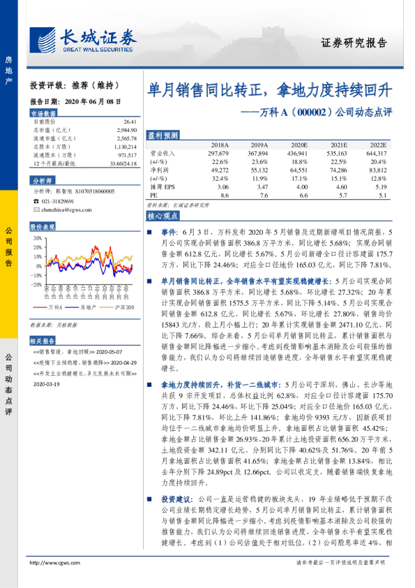 公司动态点评：单月销售同比转正，拿地力度持续回升