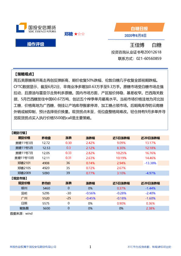 国投安信期货白糖日报